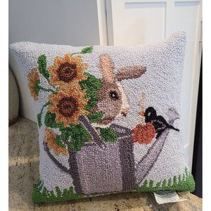 Peking Handicraft Wool Hook Pillow Bunny Watering Can Black Bird Garden 16x16"
